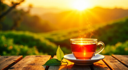 tea in a transparent cup on a saucer against the backdrop of sunset at tea plantations