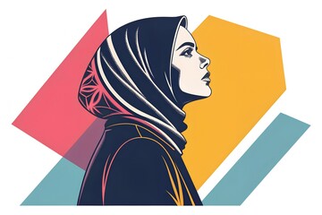 Striking profile portrait illustration of a thoughtful muslim woman wearing a detailed hijab against a bold geometric background design