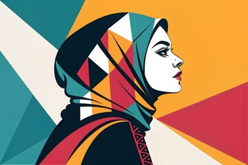 Striking profile portrait of a modern woman wearing a geometrically patterned hijab against a vibrant abstract background composition