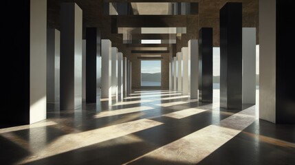 Modern architectural hallway with geometric shadows and natural light reflection