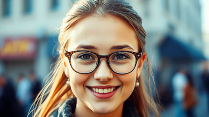 Young happy woman wearing glasses on the street in spring