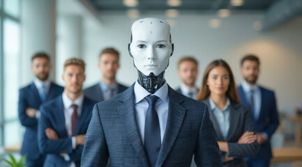 A humanoid robot business, in a business suit, against the background of a business team of 6 people in an office