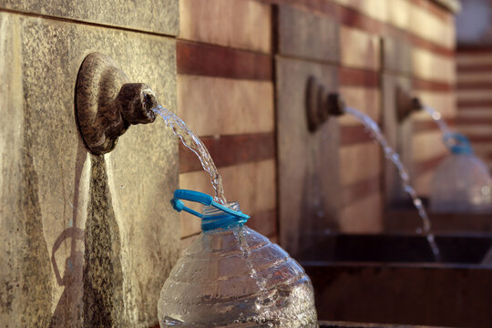 Public mineral hot water fountains. Ancient hot springs in the center of Sofia, Bulgaria. Hot mineral water source available to everyone. One of many springs in Sofia, Serdika district. Healing water