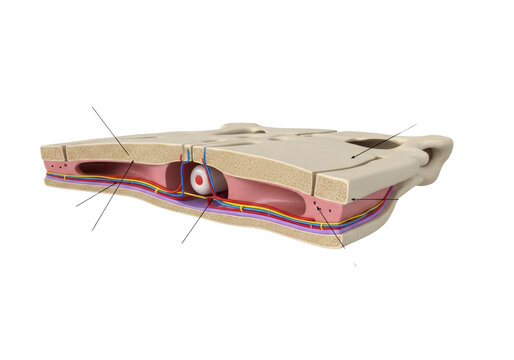 high-detail 3d cross-section of a human flat bone structure showing compact bone, spongy bone, marrow, and neurovascular bundle, color-coded on a transparent background. concept of medical education