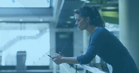 Checking smartphone, woman leaning on railing with numbers animation over background - Powered by Adobe