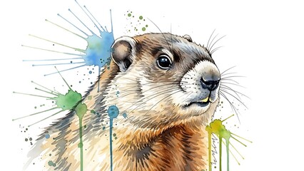 Curious groundhog with colorful splashes