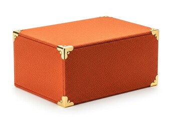 Elegant orange box with golden accents on a white background showcasing luxurious design