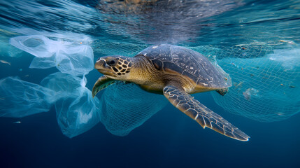 Plastic pollution of the ocean. Turtles eat plastic bags. Ecological problem, plastic trash. Say no to plastic. Single-use plastic waste