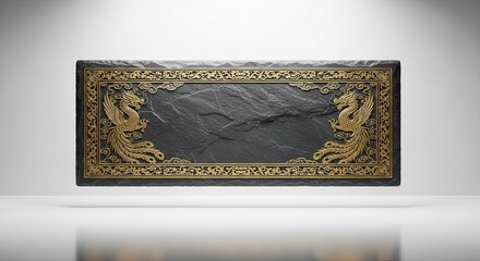 Fototapeta premium Elegant stone slate with golden phoenix and cloud carvings for interior decoration