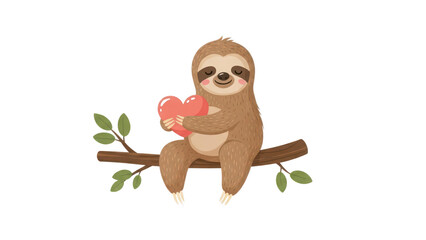 Fototapeta premium Cute cartoon sloth happily sitting on a tree branch holding a pink heart isolated on transparent background