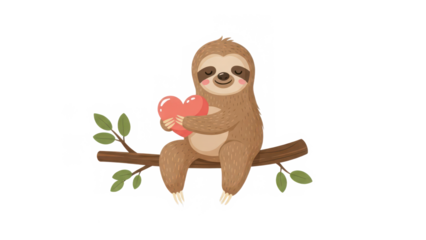 Cute cartoon sloth happily sitting on a tree branch holding a pink heart isolated on transparent background