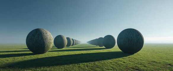 Surreal landscape with large spherical stone structures in a misty field