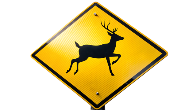 Yellow diamond shaped road sign with black deer silhouette isolated on a transparent background - Powered by Adobe