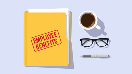 Employee Benefits Folder with Coffee and Glasses - Business Vector Illustration