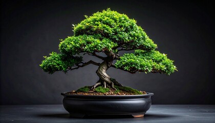 Stylized bonsai tree with twisted trunk and dense green canopy in shallow rectangular pot on plain background.