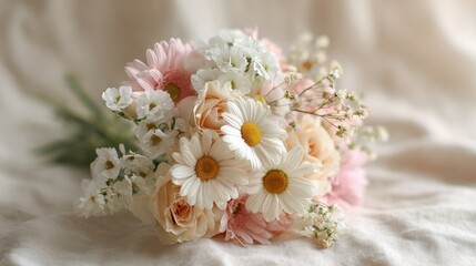 Elegant floral bouquet of soft pink roses and white daisies on a minimalist beige background, romantic spring flower concept
