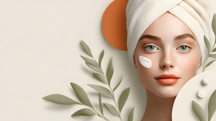 Radiant Woman with Cream and Towel Embracing Natural Beauty: A Serene Spa Escape for Wellness and Skincare Promotion, Ideal for Cosmetic Ads and Beauty Blogs