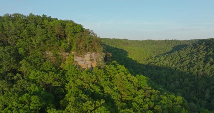 Lush forested cliffs in Red River Gorge, Kentucky at sunset