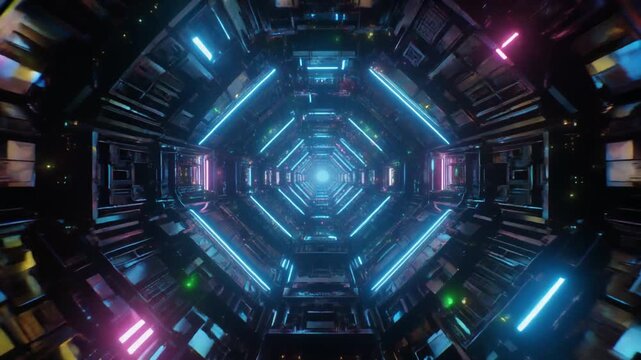 Futuristic hexagonal tunnel with neon blue, pink, green lights, metallic geometric walls, centered perspective, glowing depth, sci-fi corridor evoking space travel or virtual environment.