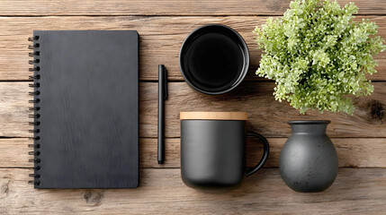 A sophisticated black flat-lay arrangement features a sleek spiral notebook, a matte mug with a wooden lid, and a small green plant on a rustic, textured timber tabletop