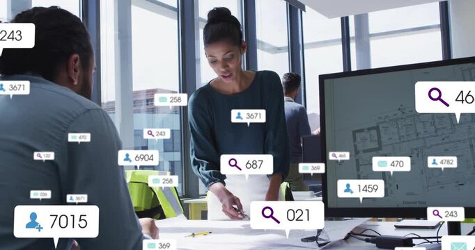 Data badges appearing, woman pointing and moving plans for project as badges forming around hands