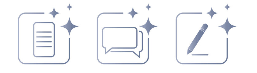 AI chat and writing icon set with document, message and pen symbols. Artificial intelligence assistant concept for text generation, content creation and communication tools in digital applications.