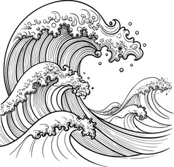stylized ocean wave drawing with swirling lines
