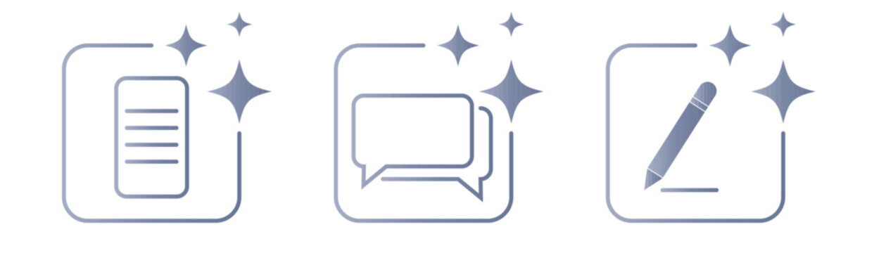 AI chat and writing icon set with document, message and pen symbols. Artificial intelligence assistant concept for text generation, content creation and communication tools in digital applications.