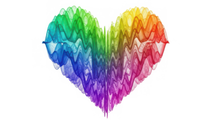 A vibrant spectrum heart crafted from fluid, undulating lines on a stark black canvas isolated on transparent background