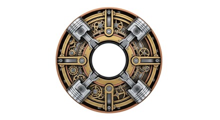 Obraz premium Steampunk-Inspired Circular Design Featuring Pistons and Gears on a White Background