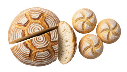 Isolated European-style artisanal sourdough loaf with cut slices plus Kaiser rolls, no background