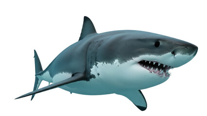 Isolated Great White Shark swimming predator, close-up portrait showing rows of sharp teeth