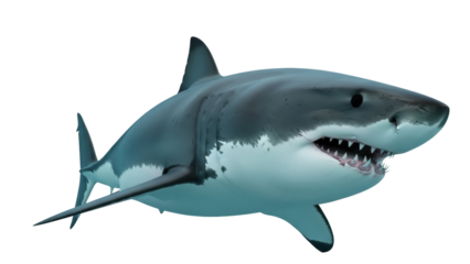 Isolated Great White Shark swimming predator, close-up portrait showing rows of sharp teeth