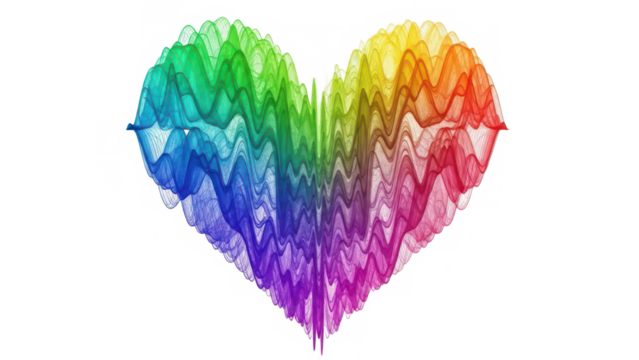 A vibrant spectrum heart crafted from fluid, undulating lines on a stark black canvas isolated on transparent background - Powered by Adobe