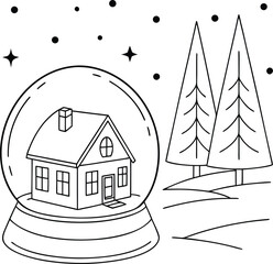 snow globe winter scene with house and pine trees