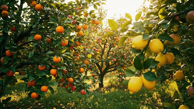 Orchard of apple, lemon, and orange trees in a lush green field during daytime, abundant harvest with many fruits.