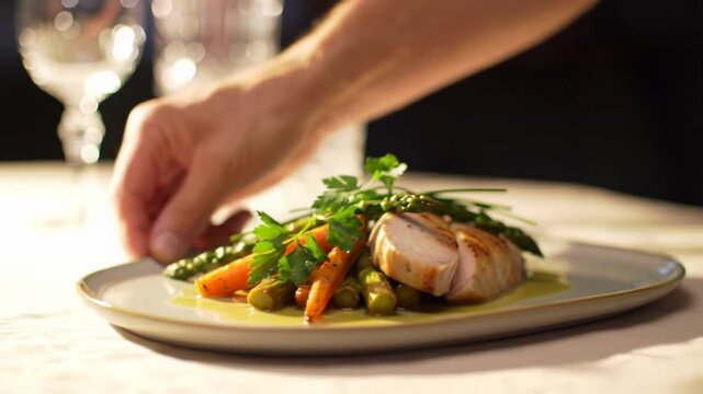 Meticulously plated gourmet meal with golden-seared protein, vibrant vegetables, herbs on elegant plate, hand adjusting, bathed in warm golden light. Culinary excellence and satisfying indulgence