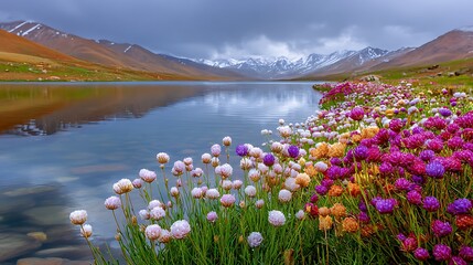 Fototapeta premium Vibrant Wildflowers by Glacial Lake in Pakistan's Mountain Desert Landscape with Snow-Capped Peaks