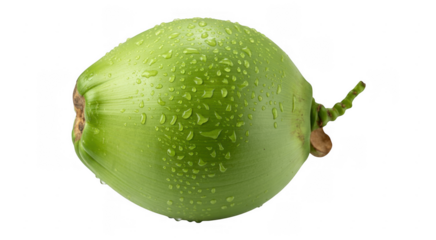 Green coconut with water droplets isolated on a transparent background