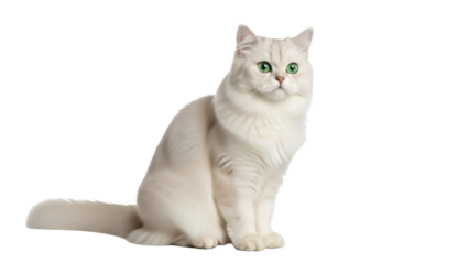 Isolated British Longhair cat with green eyes sitting and looking at the camera calmly