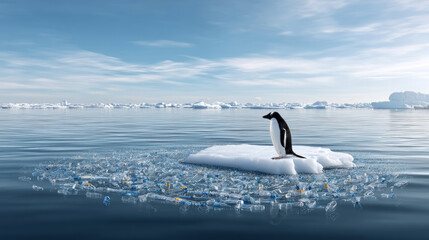 Climate change. Garbage patch. Penguin among plastic garbage on a melting glacier in the middle of the ocean. Ecological disaster