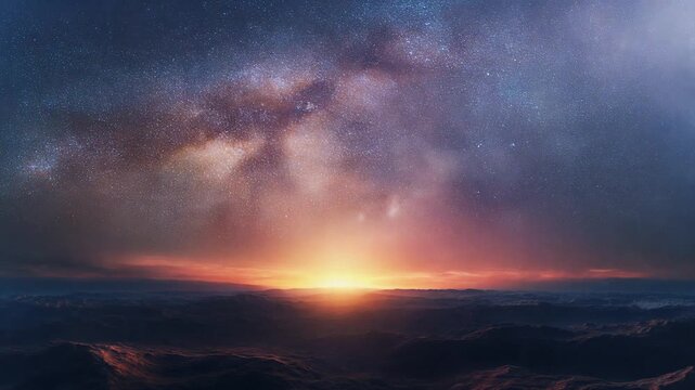 Cosmic landscape with Milky Way and glowing sunrise over mountains, vivid colors blend orange, purple, and blue, evoking celestial beauty and the harmony of terrestrial and astronomical elements.