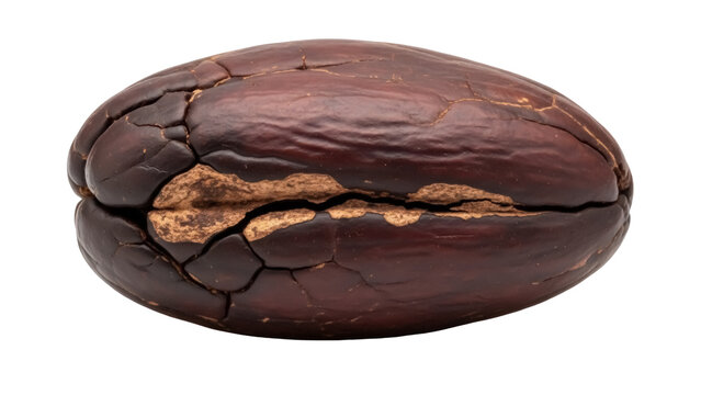 Isolated shiny shea nut with cracks, dried and brown, ready to be processed into shea butter