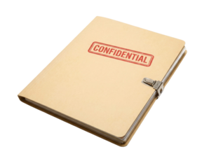 A beige folder labeled "CONFIDENTIAL" secured with a metal clasp, indicating the importance of its contents.