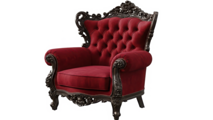 Regal deep red tufted velvet armchair with exquisite dark carved wood detailing isolated on transparent background