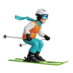 Fototapeta premium 3D stylised cartoon character skiing downhill. Winter sport athlete isolated on white.