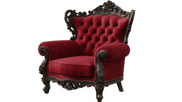 Regal deep red tufted velvet armchair with exquisite dark carved wood detailing isolated on transparent background - Powered by Adobe
