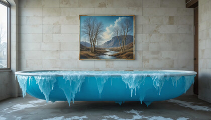 Frozen bathtub interior scene best for climate change concepts, cold weather visuals, and surreal home design backgrounds, sorry format is jpg