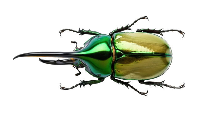 Isolated Rhinoceros beetle, shiny iridescent insect with large horn, nature and entomology