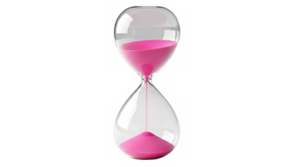 A transparent glass hourglass with vibrant pink sand gracefully flowing to measure time isolated on transparent background